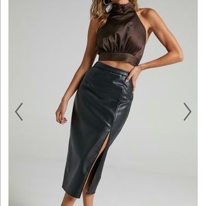 Faux Leather Black Midi Skirt with Front Slit